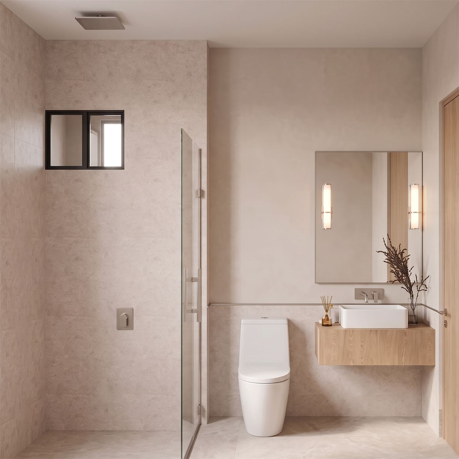 Baño de acabados en mármol y madera