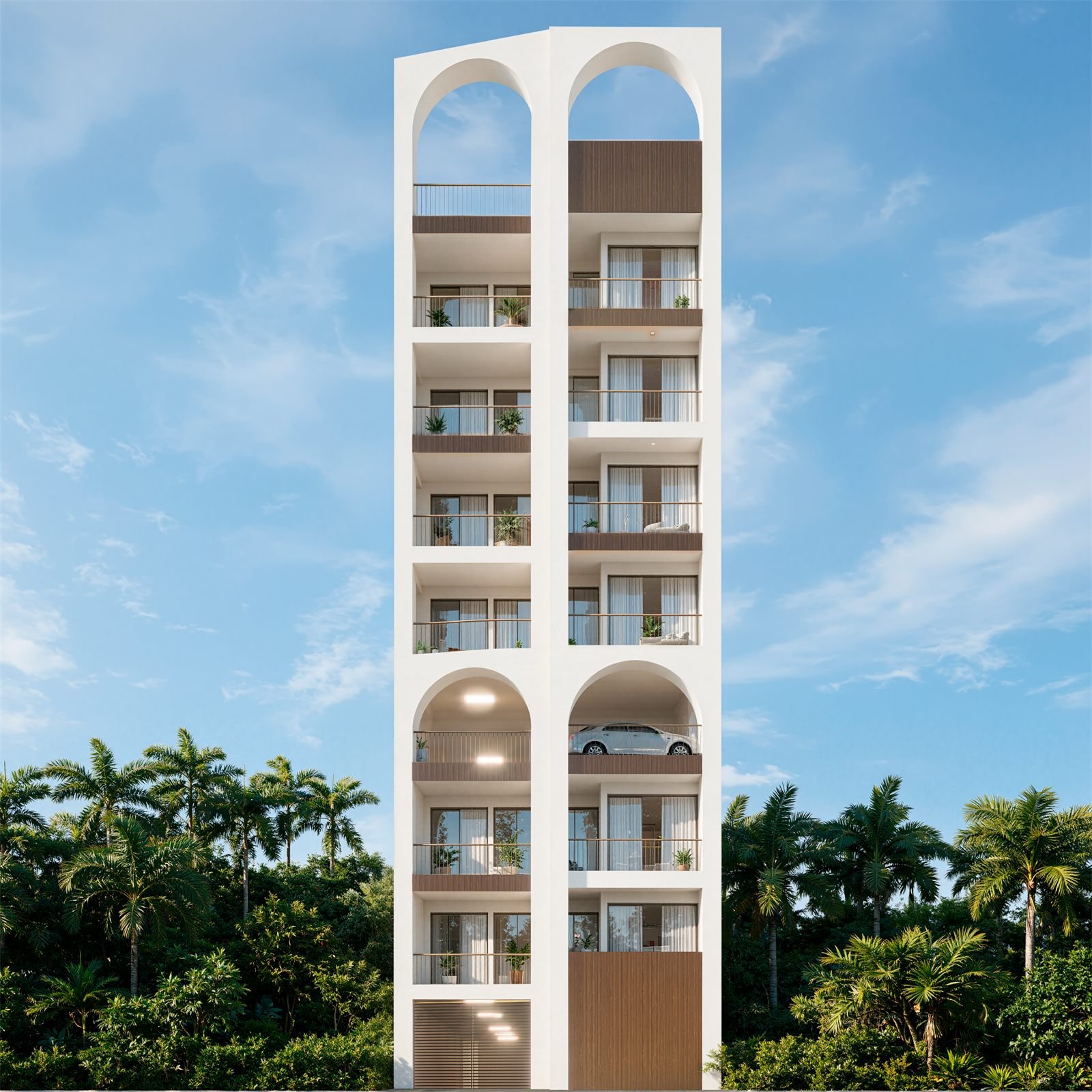 Fachada blanca contemporánea de Puerto Vigía con arcos y balcones de madera